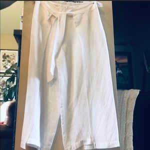 White Linen Wide Leg Tie Pants, XL